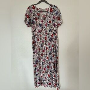 LOFT Floral Midi Dress in Red and Blue